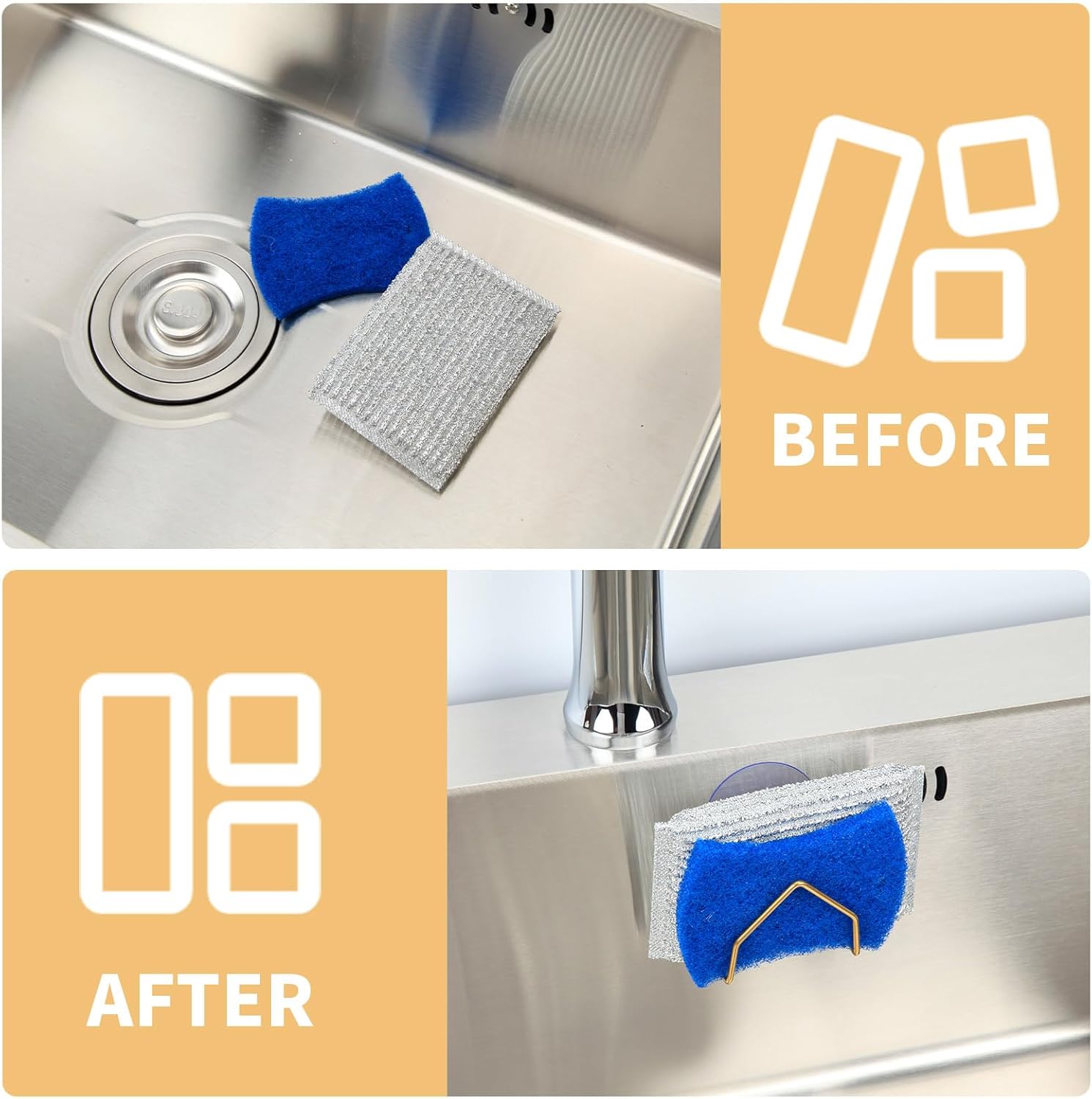 Snailhouse Sponge Holder for Kitchen Sink, 2 Pack Suction Cup Stainless Steel Rustproof Dish Sponge Rack Organizer Holder Basket Accessories, Gold