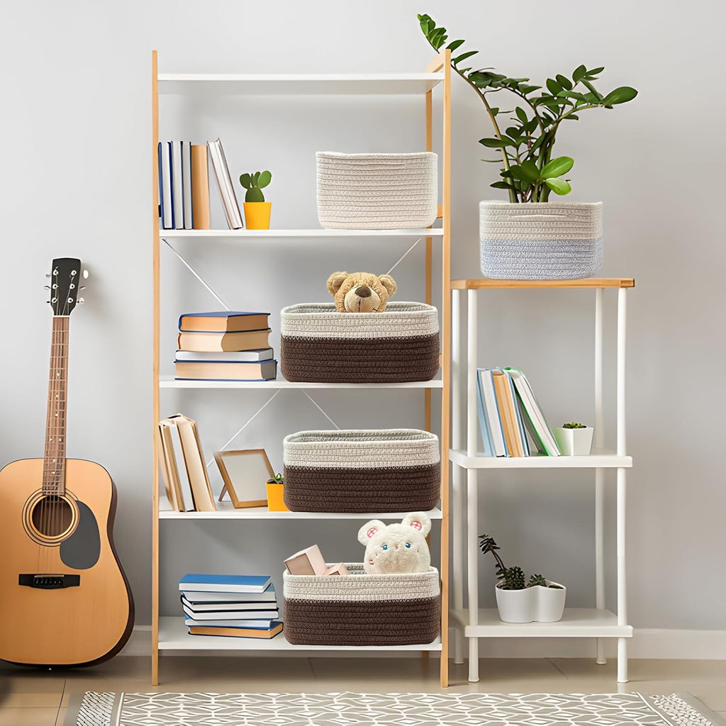 COMFY-HOMI 13" x 8.5" x 5.1"Storage Baskets for Organizing | Cotton Rope Woven Basket | Toy Storage Bin Box | Basket for Shelves, Closet Organizer Bin, Decorative Closet Shelf, 3 Pack,WHT/dark brown