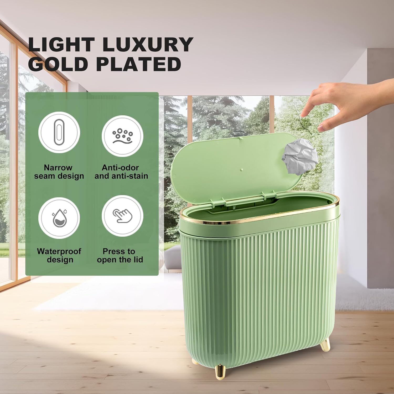 Bathroom Trash Can with Lid 3.2 Gallon Narrow Trash Can Small Plastic Trash Bin 12 Liter with Press Type Lid for Bedroom Bathroom, Mint Green