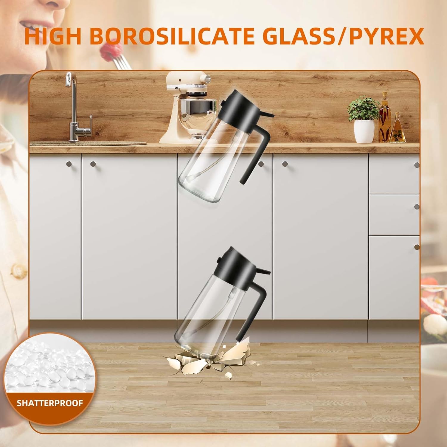 2-in-1 Glass Oil Dispenser & Sprayer - 16oz/470ml Leakproof Bottle for Cooking, Air Fryer, BBQ, Baking, Salad (Transparent Black 1PC)