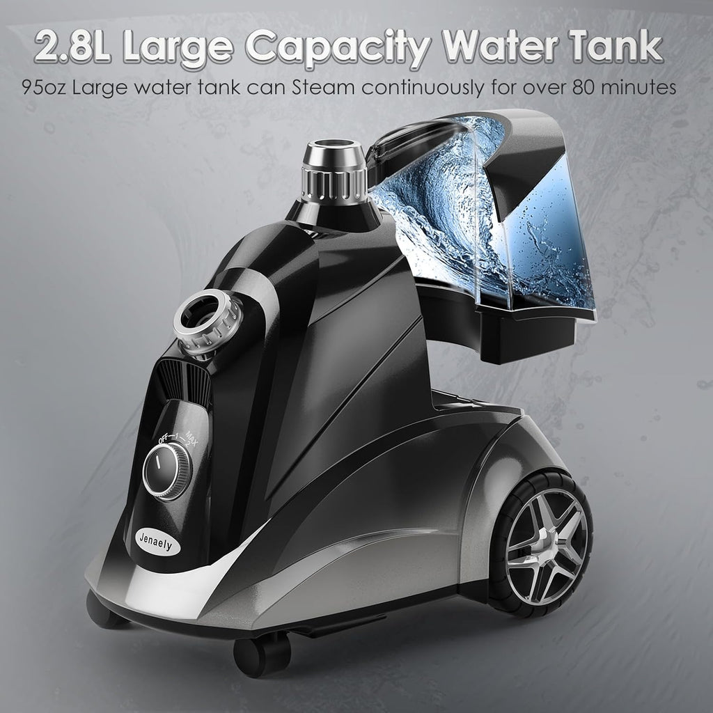 Steamer for Clothes, Jenaely 1500W Standing Garment Steamers, 35s Fast Heat-up, 80 Mins of Continuous Powerful Steam with 2.8L Water Tank, Pants Clip & Children's Clothing Hanger