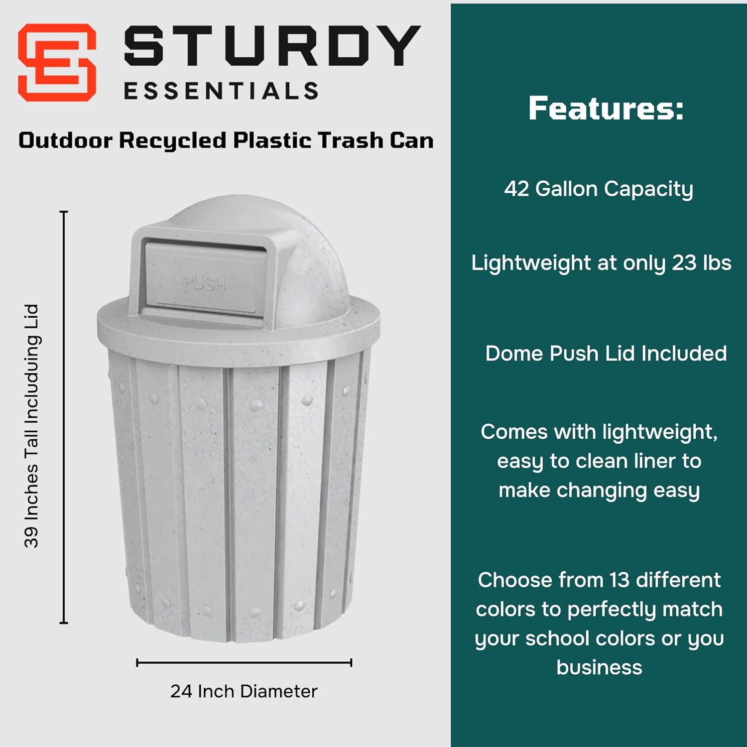 42 Gallon Slated Circle 100% Recycled Plastic Heavy Duty Outdoor Trash Can with Push Open Dome Lid and Internal Liner - Great for Schools and Businesses - Light Granite