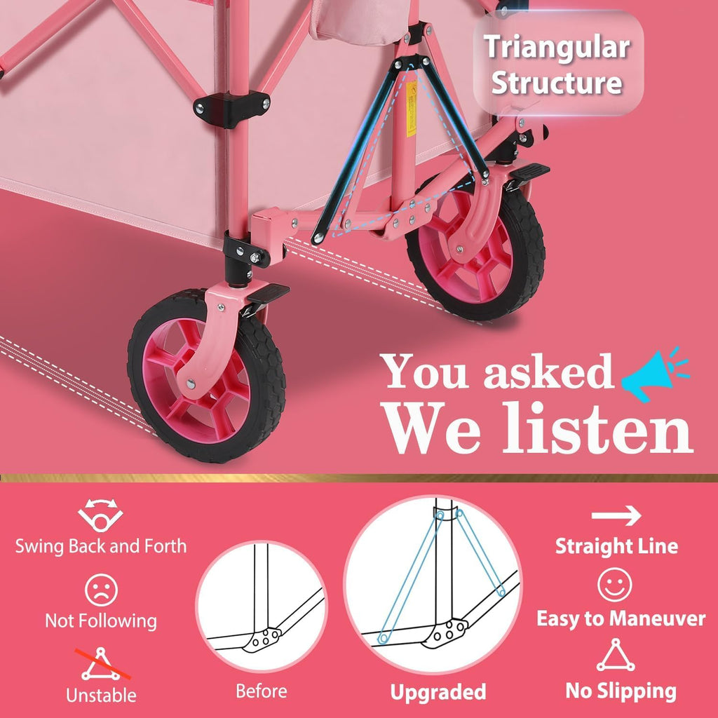 Sekey 220L Collapsible Foldable Wagon with 330lbs Weight Capacity, Heavy Duty Folding Wagon Cart with Big All-Terrain Wheels & Drink Holders (Pink)
