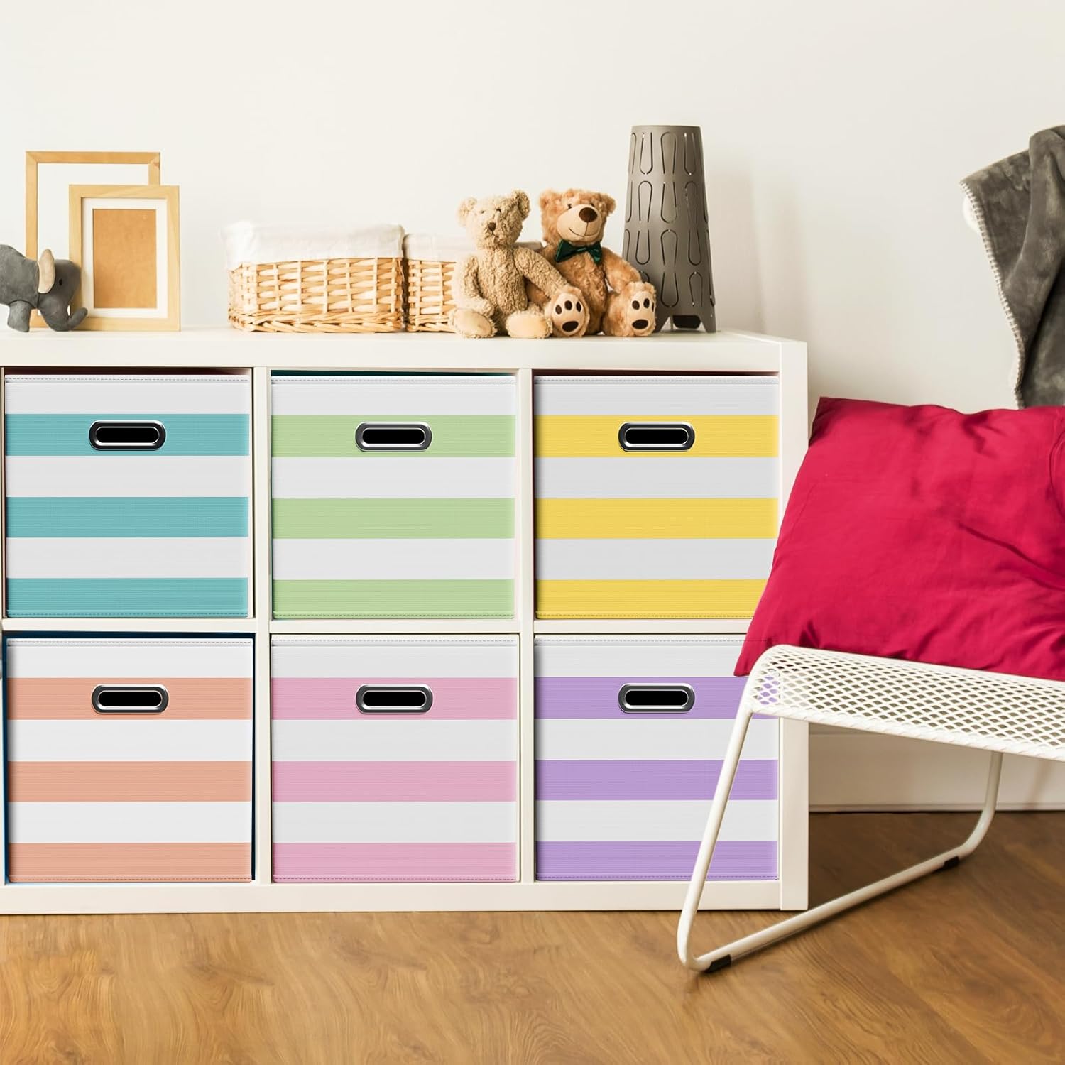 6 Pcs Fabric Storage Cubes Bins with Metal Handle Christmas Storage Bin 11 Inch Macaron Colored Striped Collapsible Bins Holiday Storages Organizer for Gift Books Kids Room Closet and Toys