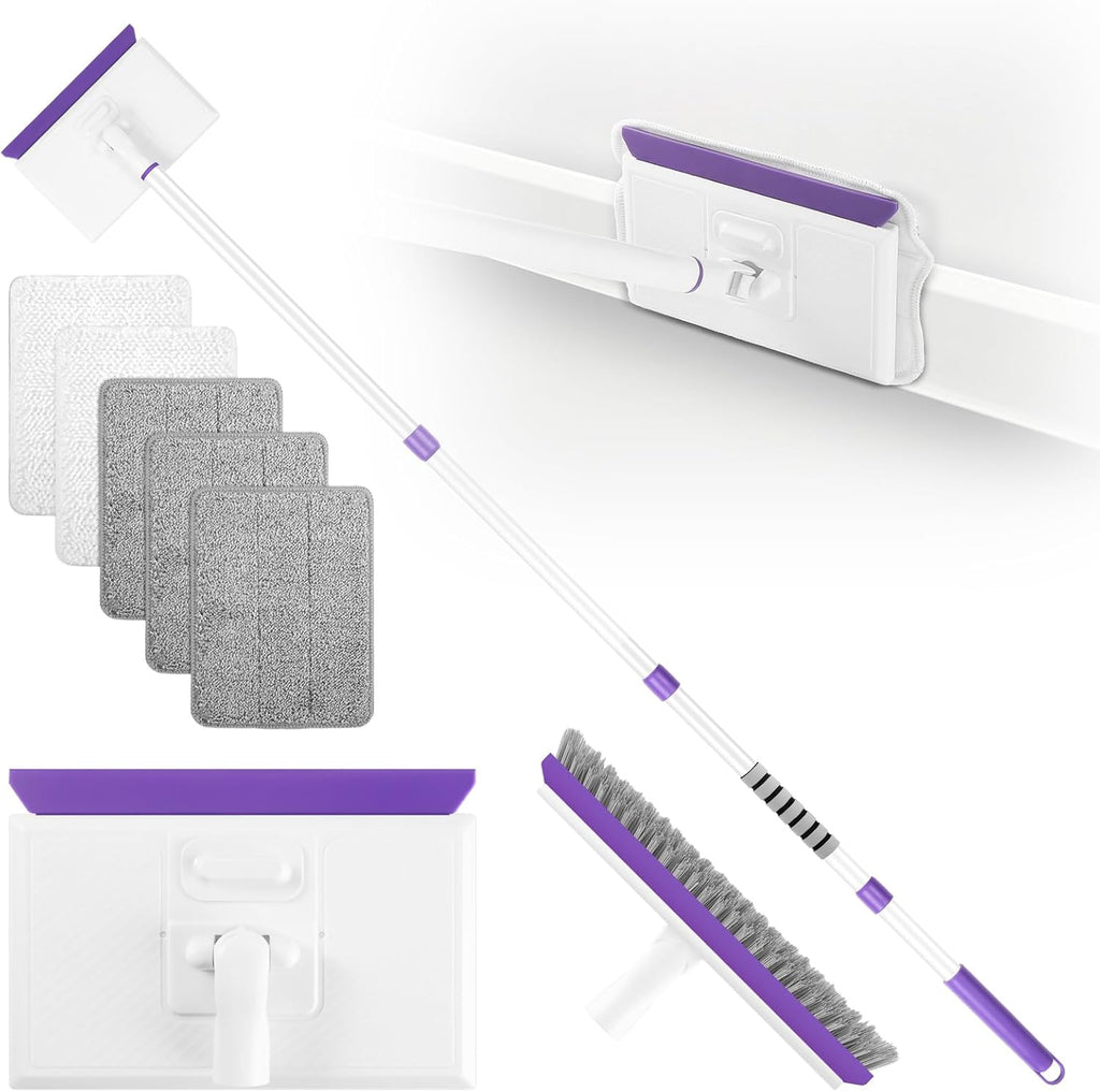 Baseboard Cleaner Tool with Handle 2.0, 60" Extendable Long Handle, Dust Trapping and Locking, 5 Reusable Pads, Purple Base Boards Cleaning Tool for Moldings, Wall, Floor, Bathroom, Kitchen