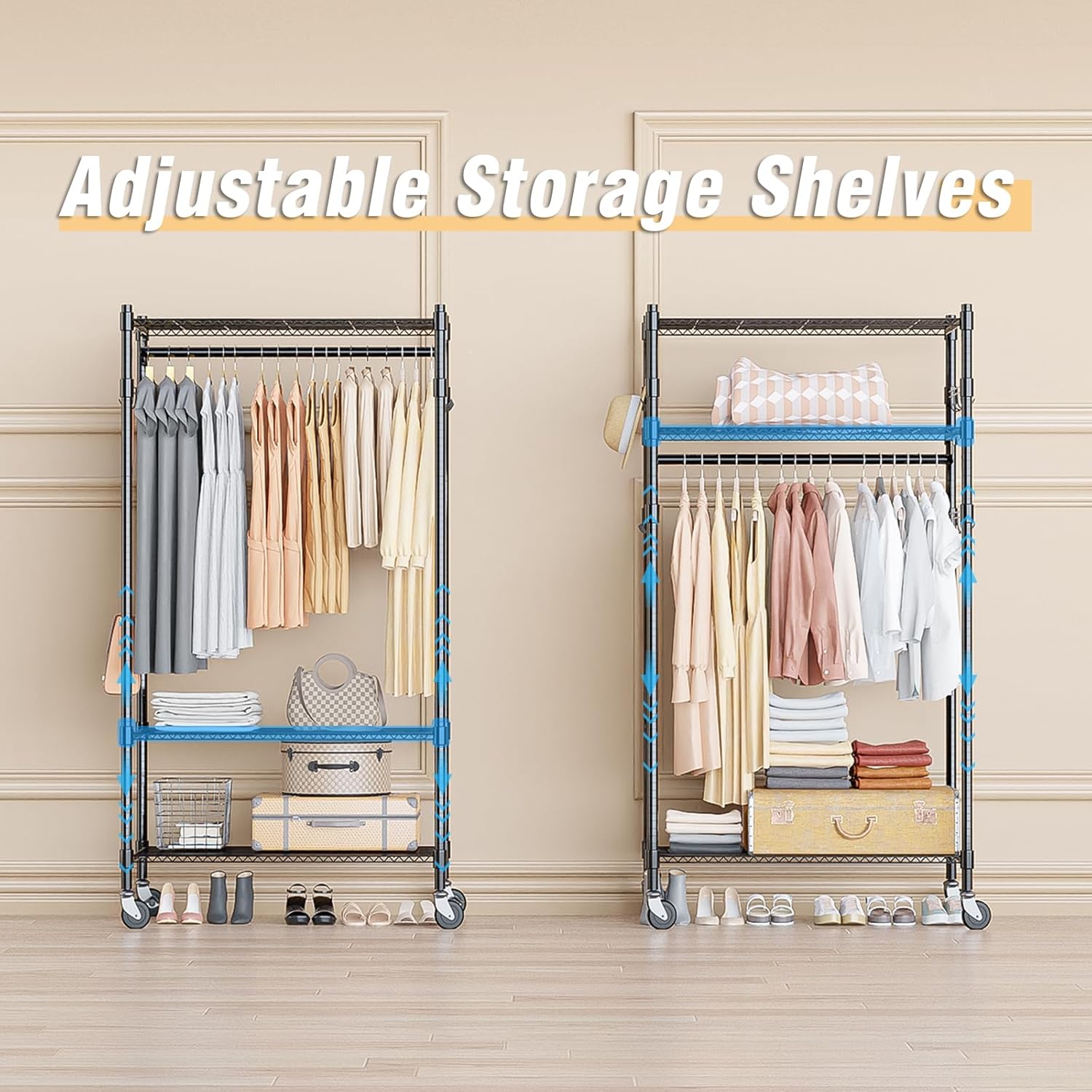 Homdox Heavy Duty Clothing Rack with 3 Tier Adjustable Wire Shelves, Garment Racks for Hanging Clothes, Double Rods Clothing Rack, Freestanding Closet Wardrobe with Side Hooks, Black
