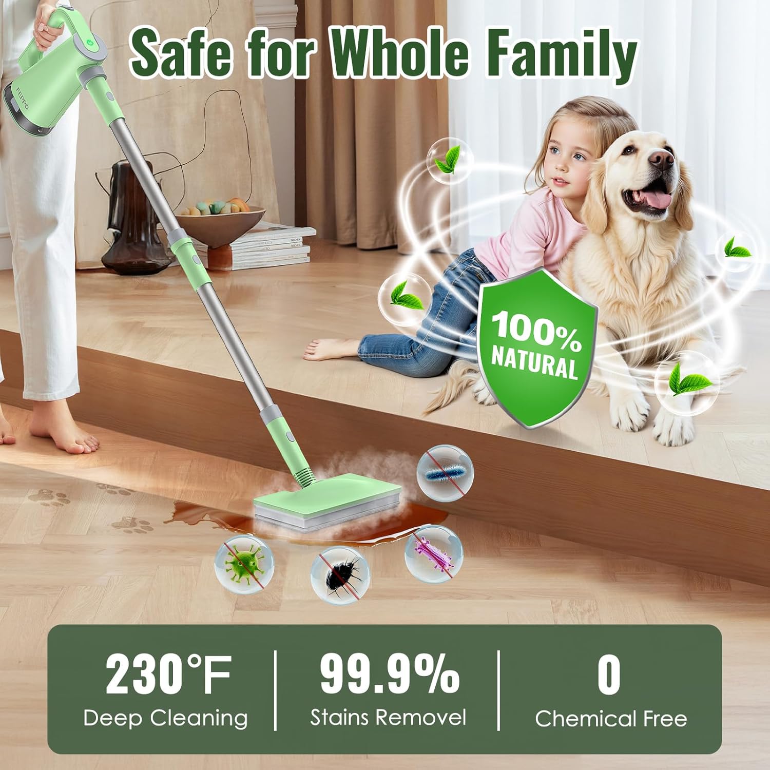 FEPPO Steam Mop with Detachable Handheld Steam Cleaner for Home and Floor Cleaning, 10-in-1 Multi-purpose Attachments & 2 Pads, Powerful Steamer for Floors, Hardwood, Tiles,Grout,Windows,Kitchen,Bath