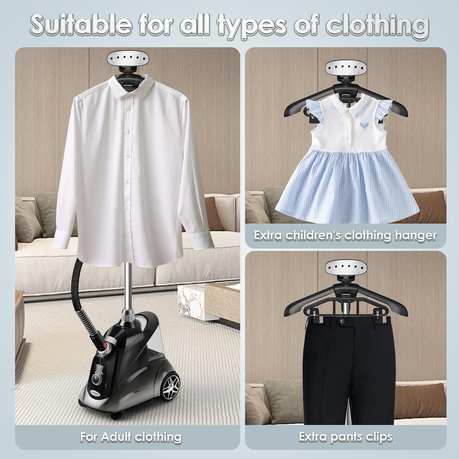 Steamer for Clothes, Jenaely 1500W Standing Garment Steamers, 35s Fast Heat-up, 80 Mins of Continuous Powerful Steam with 2.8L Water Tank, Pants Clip & Children's Clothing Hanger