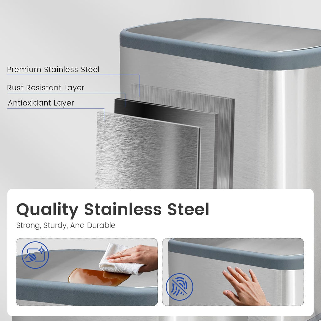Kitchen Trash Can 16 Gallon, 2 x 30 Liters Trash and Recycle bin Combo, Dual Compartment & Soft Close Lid, Stainless Steel Trash Can, Fingerprint-Proof, 60L Pedal Recycling Bin
