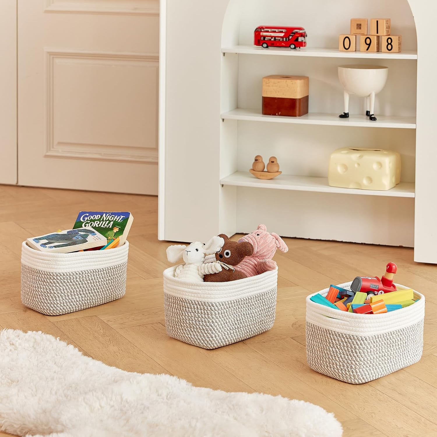 Small Cotton Rope Basket – Storage Bin for Organizing (10.6" x 6.7" x 6.7"), Bathroom Storage Basket for Shelf, Counter & Closet（White & Mixed Grey）