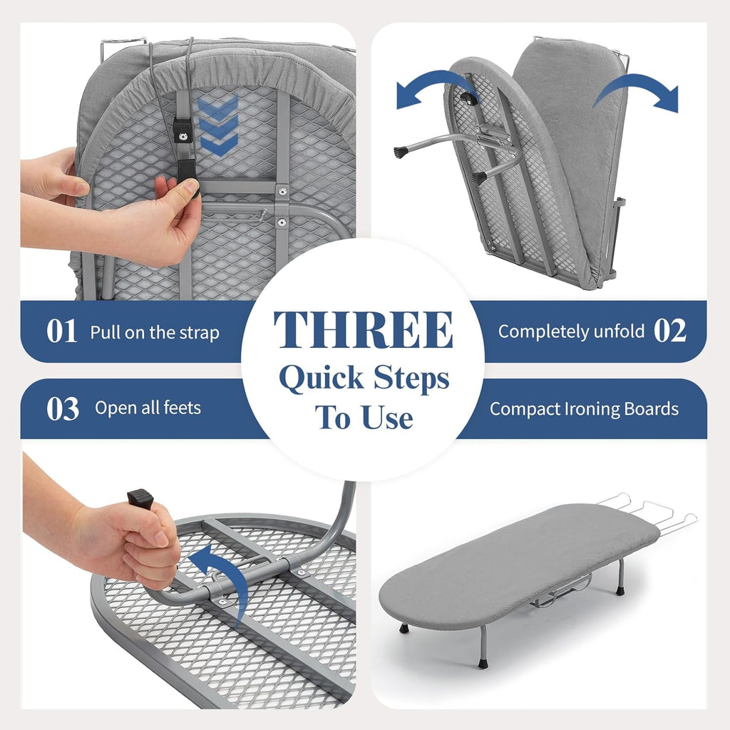 Small Ironing Board with Iron Holder, RAINHOL Countertop Mini Ironing Board Tabletop with Non-Slip Feet, Travel Foldable Iron Table for Small Space, Grey