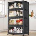 BROVIEW 640QT Stackable Storage Bins with Lids, 160Gal Extra Large Collapsible Storage Box with Wheel, Plastic Storages with Clear Door Open Front for Home Kitchen Garage, Black-4pack