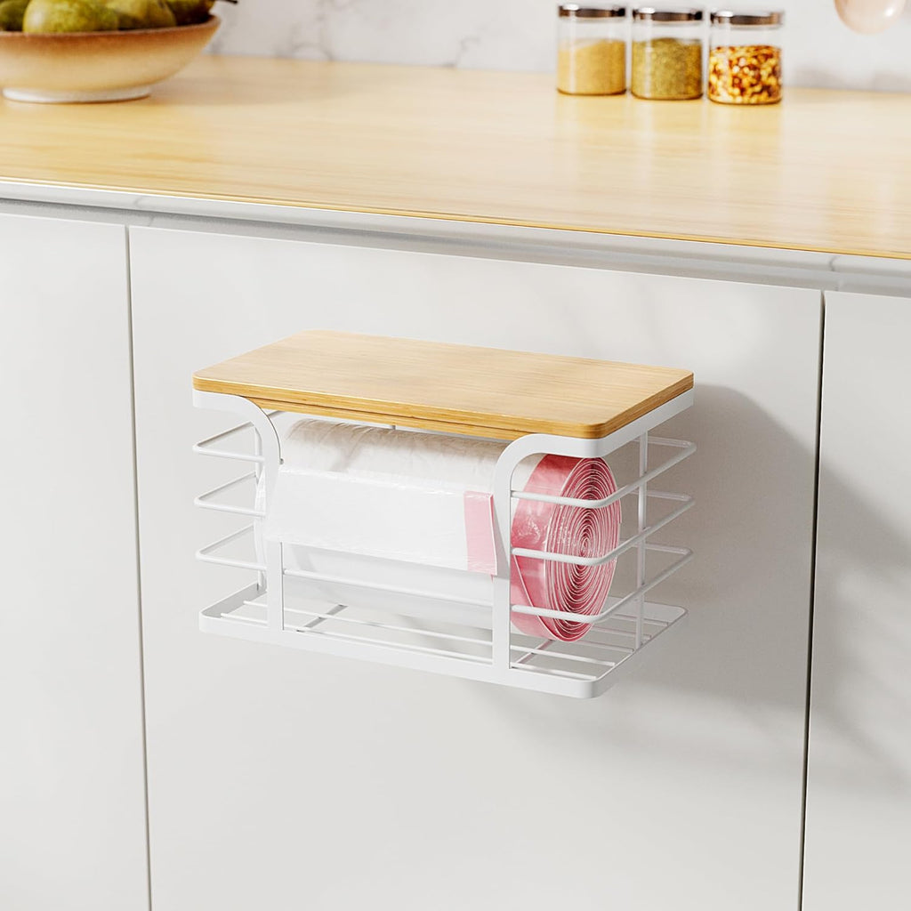 Trash Bag Holder Dispenser with Bamboo Top,Wall Mount Garbage Bag Dispenser,Stackable Storage for Kitchen Laundry Room Organization,White Small