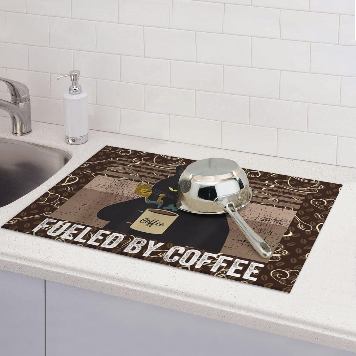Vintage Cat Dish Drying Mat for Kitchen Counter Absorbent Reversible Retro Coffee Drying Pad Kitchen Decor Dish Drainer Rack Mats 18"x24"