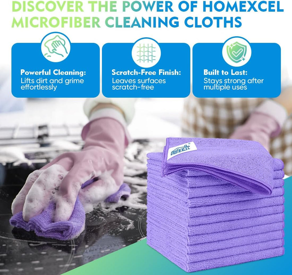 HOMEXCEL Microfiber Cleaning Cloth 12 Pack 12.5 x 12.5 Inch Microfiber Towels for Cars Ultra Absorbent Cleaning Rags Lint Free Cleaning Towels for Household Kitchen, Window Car Purple
