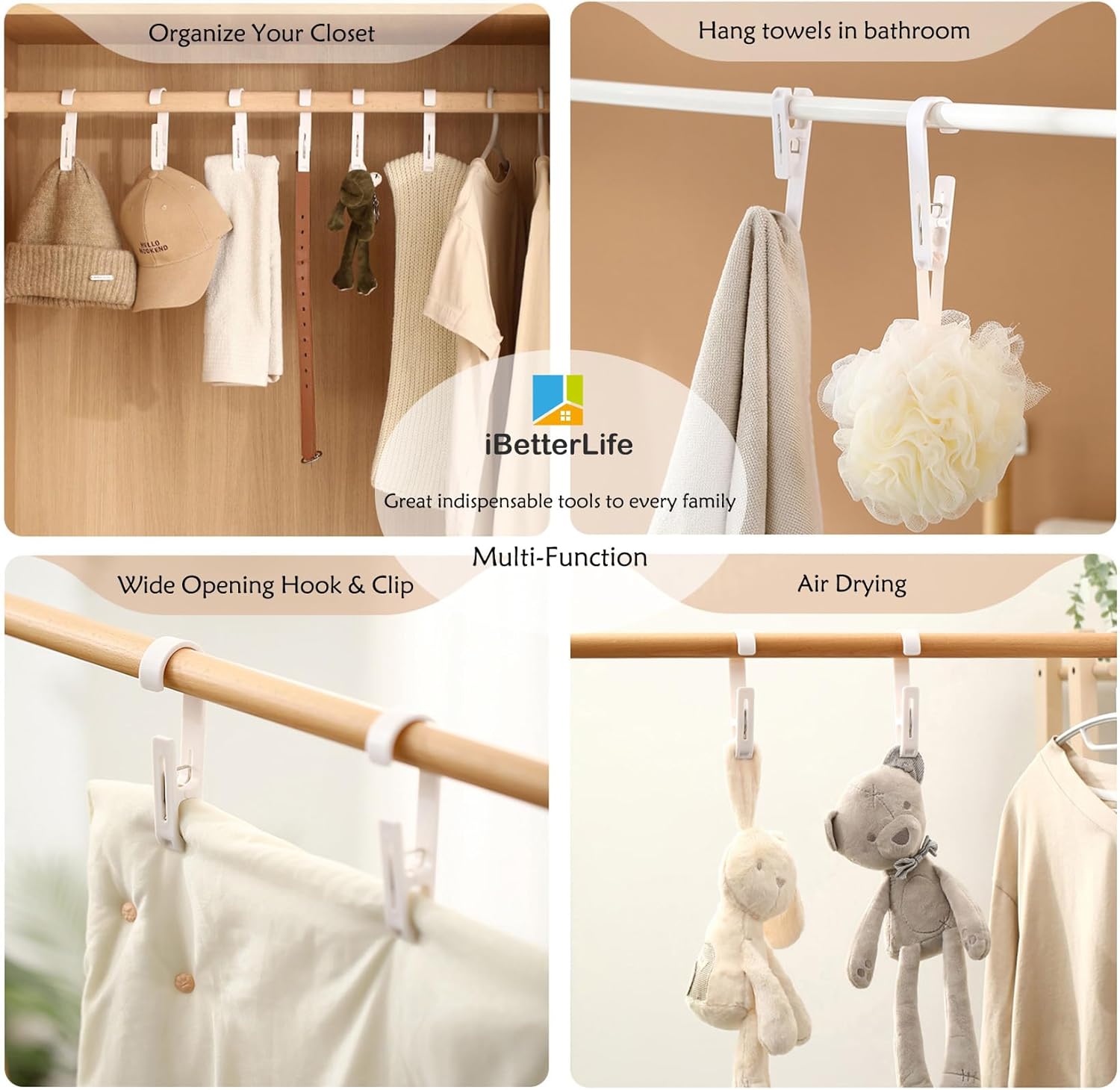 iBetterLife Clothes Pins Laundry Hooks - Heavy Duty Outdoor Towel Hanger with Clips for Hanging Socks Boot Bras Shower Pegs Closet Organizer Clamps for Bathroom Wardrobe Kitchen Office, 4Pcs Gray