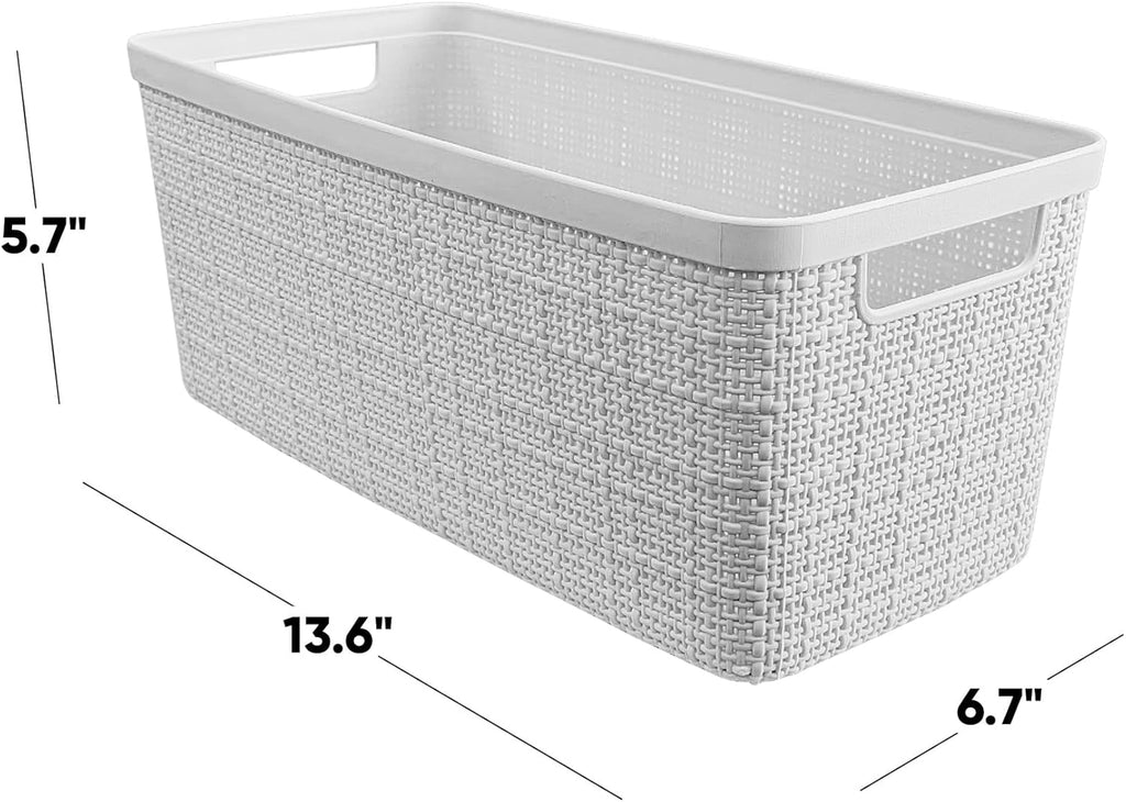 Curver Jute Decorative Plastic Organization and Storage Basket Perfect Bins for Home Office, Closet Shelves, Kitchen Pantry and All Bedroom Essentials, Slim, White, Set of 8