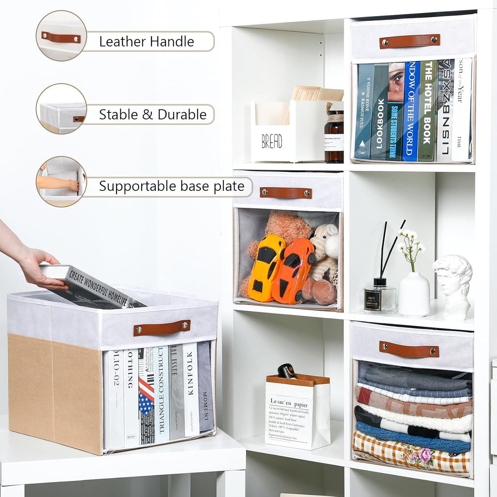 HNZIGE Fabirc Storage Cube Bins 13x13x15 Storage Cube Bins, 4 Pack Foldable Decorative Clear Cube Storage Bins for Cube Organizer Canvas Cubby Storage Organizer Bins for Shelves Pantry- White Beige