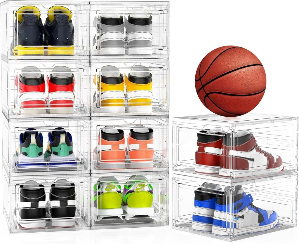 Mitees 10 Pack XX Large Thicken Sturdy Hard Plastic Clear Stackable Shoe Storage Boxes for Size 12, Sneaker Shoe Rack Containers Holders Bins Display Case Organizer for Closet, White
