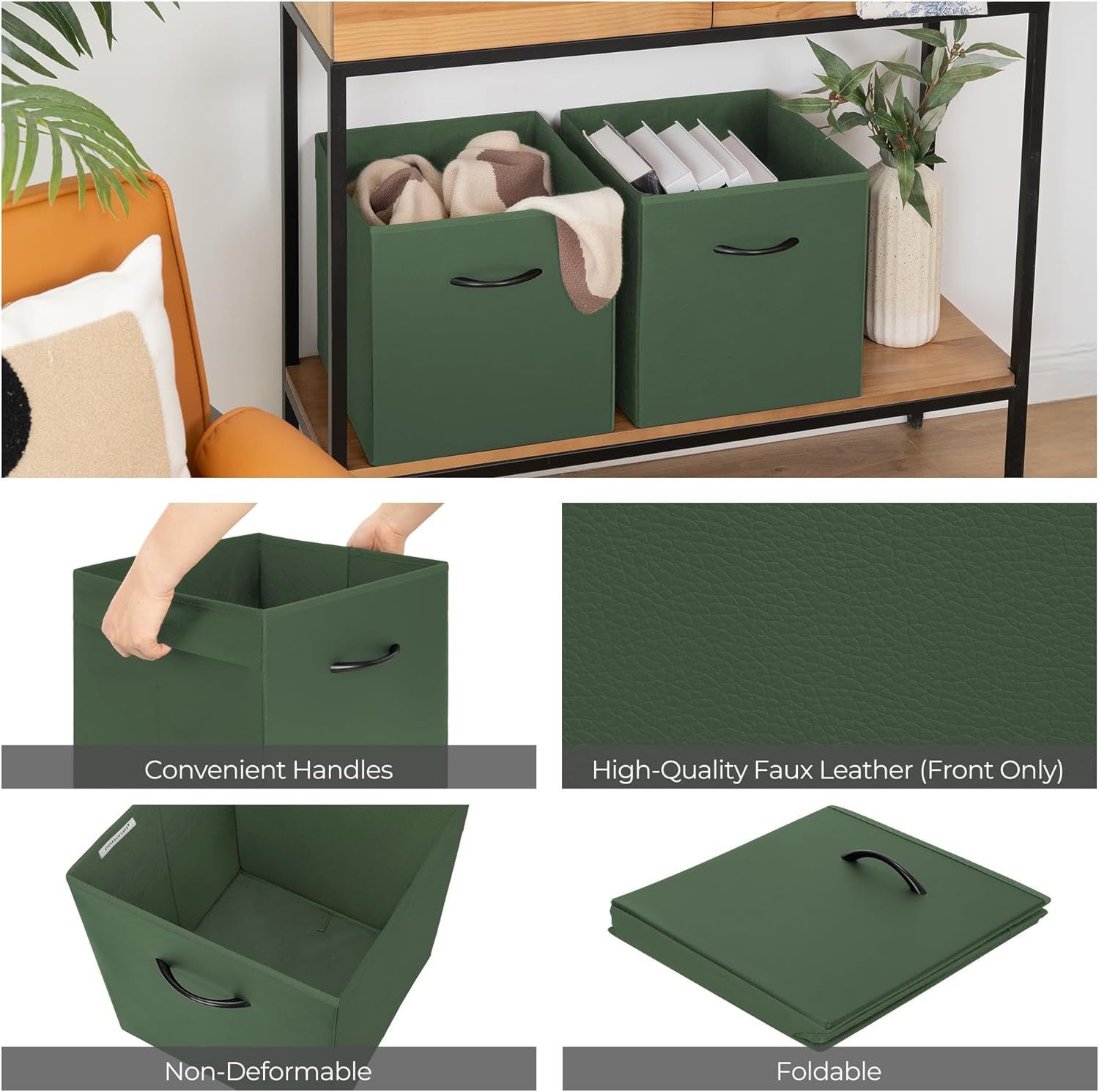 StorageWorks Green Storage Cubes, 13x13 Storage Cube Bins with Handle, Cube Storage Organizer Bins for Shelves and Closet, Collapsible Storage Bins, 4-Pack