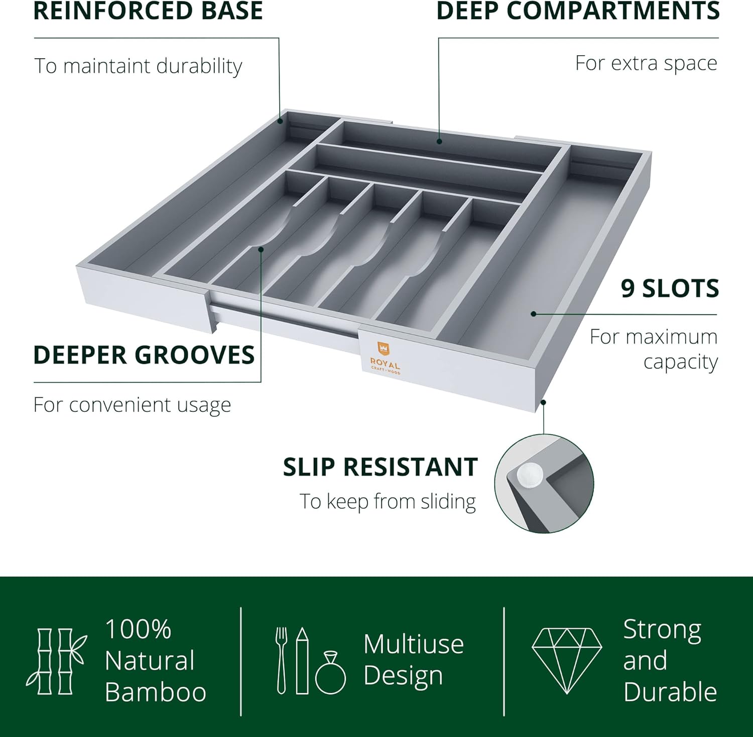 Luxury Bamboo Kitchen Drawer Organizer - Silverware Organizer - Utensil Holder and Cutlery Tray with Grooved Drawer Dividers for Flatware and Kitchen Utensils (9 Slot, Gray)