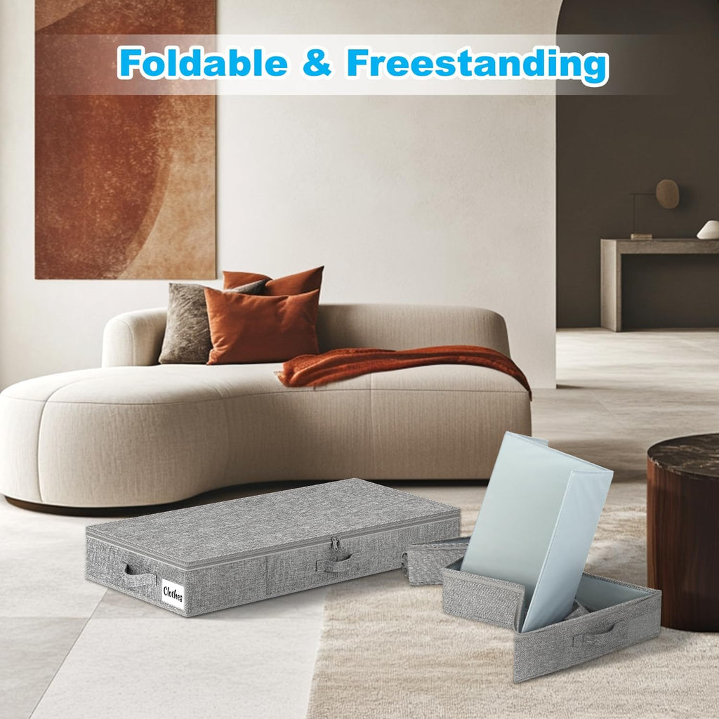 Under Bed Storage Container Bins 2 Pack, 4.5 Inch Slim Low Profile Underbed Clothes Storage Organizer for Dorm & Home, Use for Blanket and Toy Storage Box W/ Sturdy Bottom/Sides, Foldable Thick Fabric