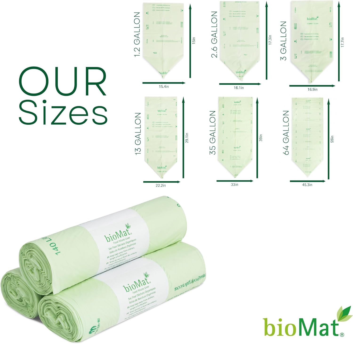 bioMat 35 Gallon Compostable Trash Bags for Lining Compost Bins, 10 Count, Biodegradable Trash Bags for Compost Bin, BPI ASTM D6400 and CMA Certified, Keep your Bin Clean