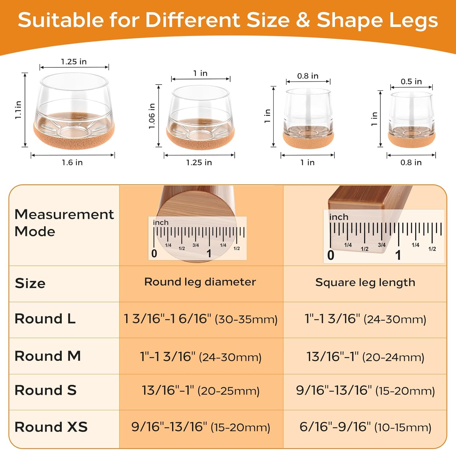 Meldel 24 PCS Silicone Chair Leg Floor Protectors Large (1.2"-1.4") Rubber Felt Furniture Pads Chair Legs Caps/Covers for Hardwood Floors, Tile from Scratches & Reduce Noise - Round, Clear