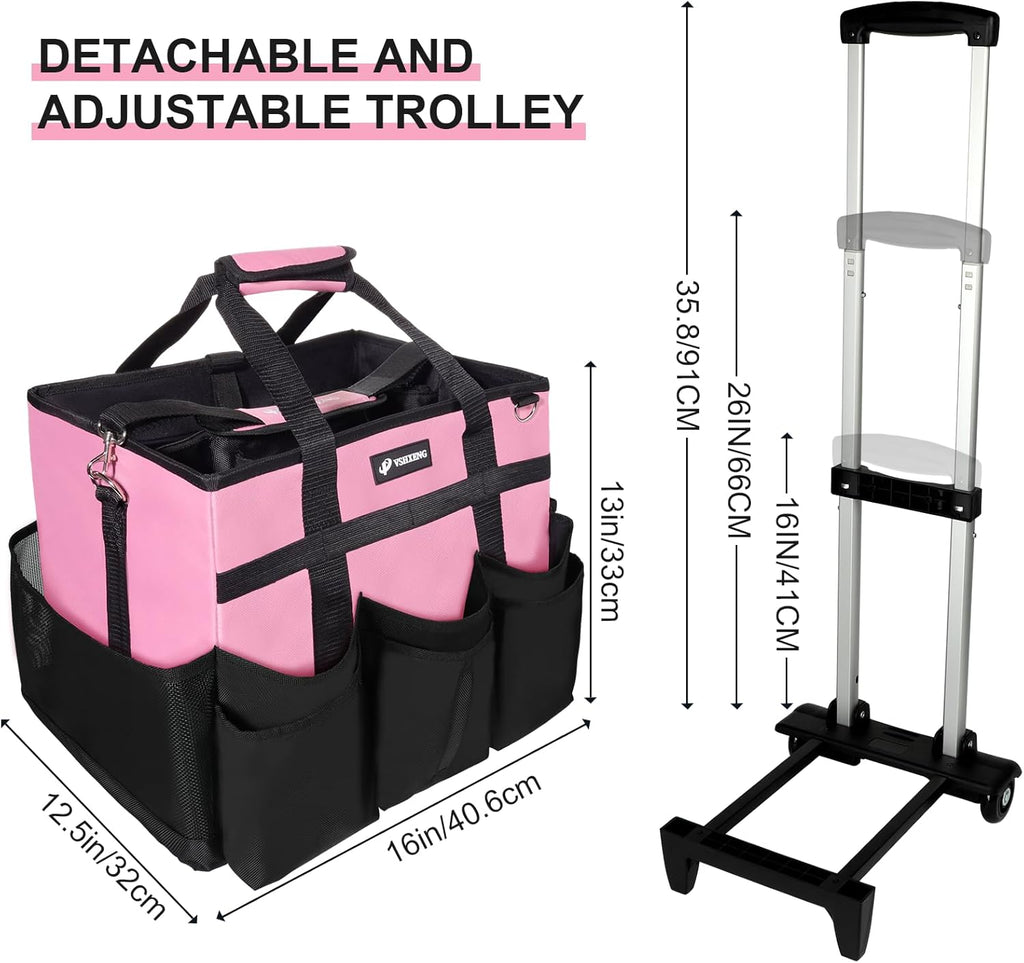 Large Rolling Cleaning Caddy Bag with Wheels, with Detachable Trolley, Cleaning Bags on Wheels for Housekeepers, Cleaning Cart Supplies Organizer for Home, Car, Picnic (Pink)