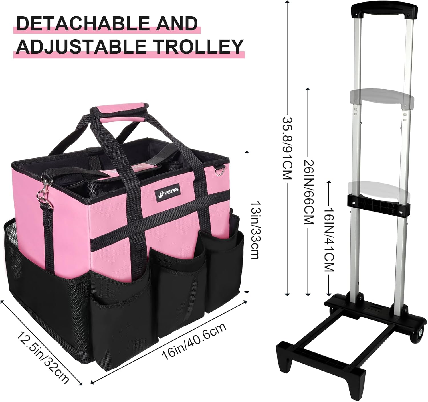Large Rolling Cleaning Caddy Bag with Wheels, with Detachable Trolley, Cleaning Bags on Wheels for Housekeepers, Cleaning Cart Supplies Organizer for Home, Car, Picnic (Pink)