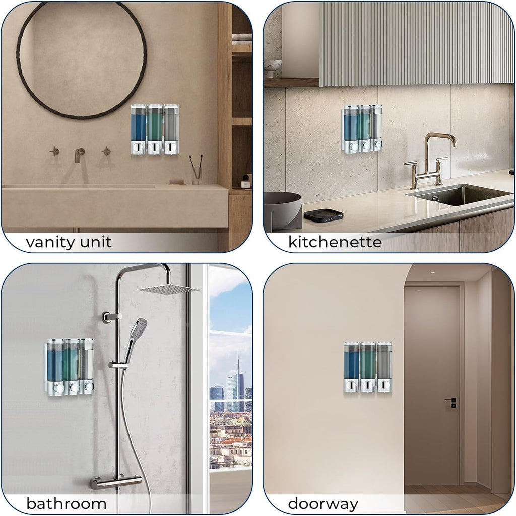 Shampoo and Conditioner Dispenser, Pollock Shower Soap Dispenser 3 Chamber No Drill, Wall Mounted Shampoo Body Wash Conditioner for Bathroom Large Capacity Silver