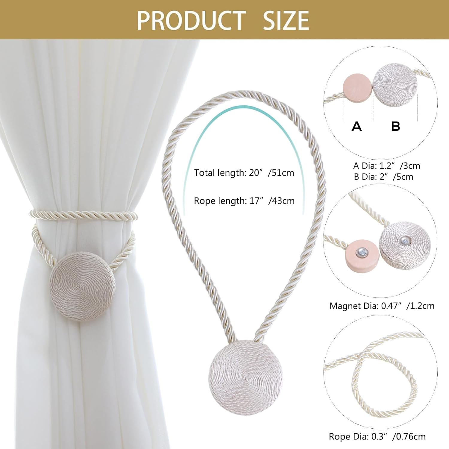 Magnetic Curtain Tiebacks - 12mm Magnetic Tie Backs for Curtains, Heavy Duty No Drill Curtain Holdbacks for Home/Office Windows Drapes, Elegant Gift-Ready Design 7 Colors (2, Beige)