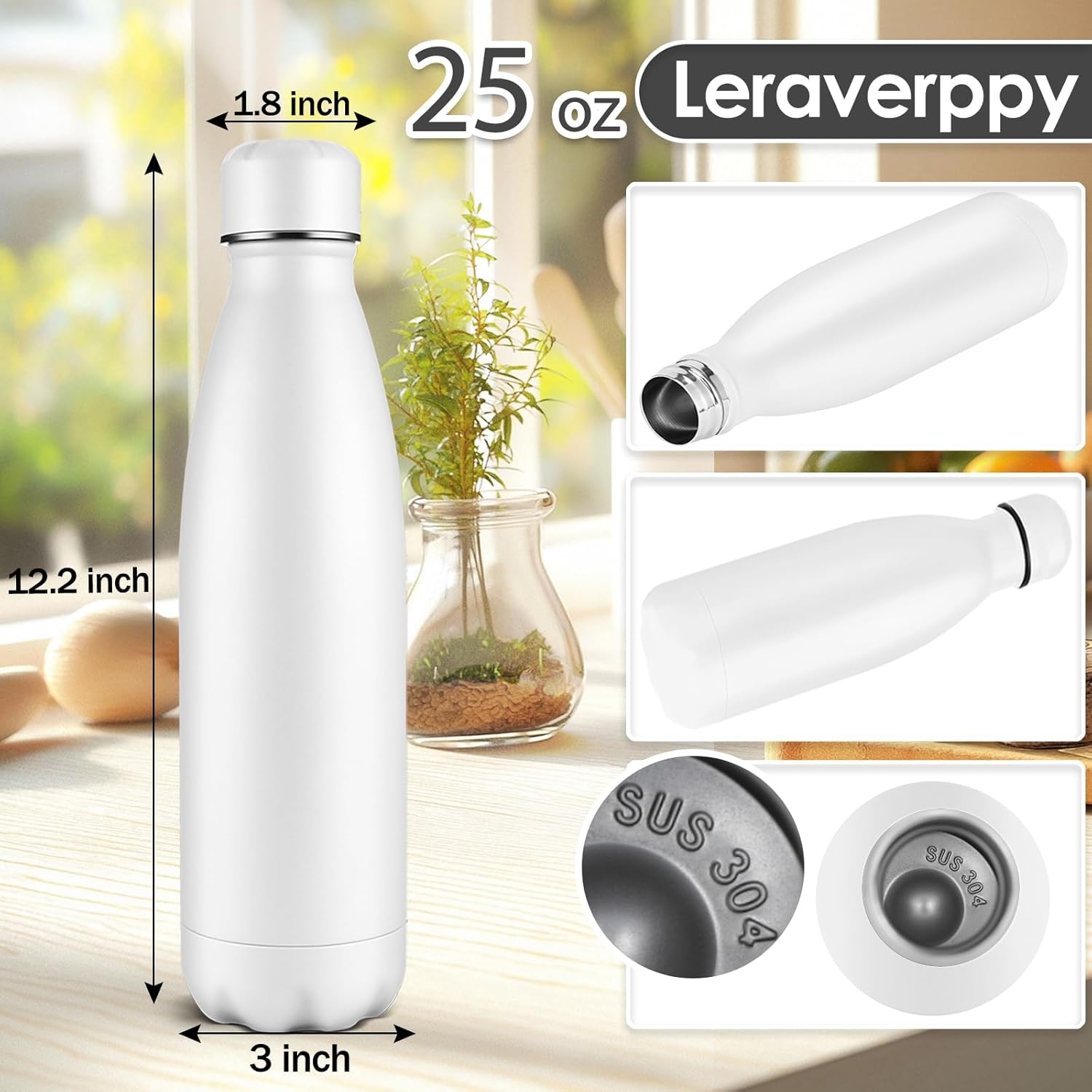 25oz Cola-Bottle Shaped Stainless Steel Leak-proof Water Bottle,Double Wall Vacuum Insulated Metal,Travel Mug For Sports Indoors & Outdoors,BPA-Free School Kids Flasks,White(2 Pack)