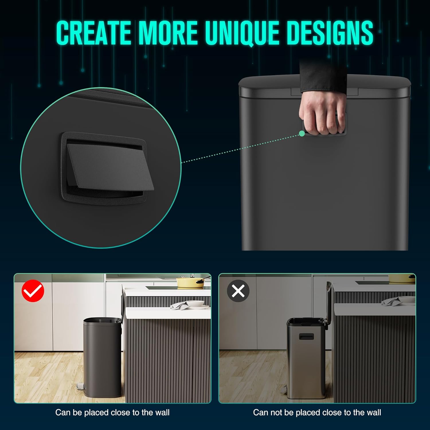 13 Gallon Stainless Steel Foot Pedal Large Trash Can with Soft Close Quiet Curved Surface Top Lid and Deodorant Storage Space, with 30 Garbage Bags for Kitchen/Home/Office Trash can and More - Black