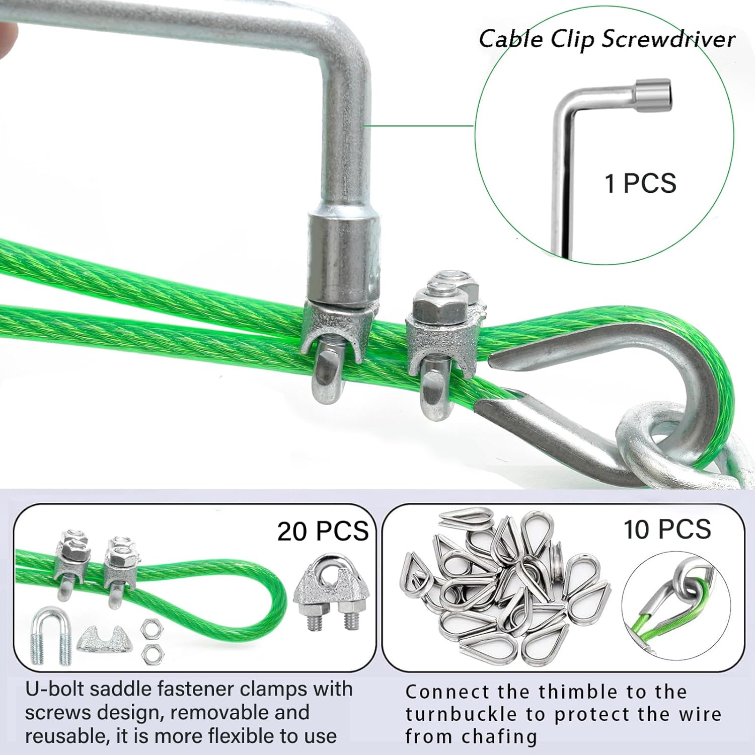 3/16" Wire Rope, 100 Ft PVC Coated Wire Cable Metal Steel Cable Trellis Kit, Multi-use Clothes Line Cable for T Post/Climbing Grapevines Plants Outdoor/String Light Hanging Kit