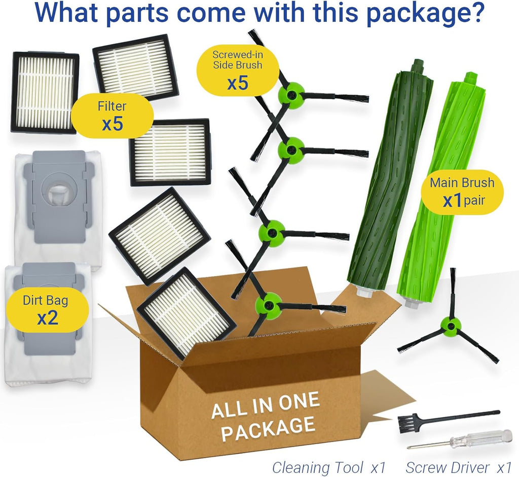 Replacement Parts Accessories for iRobot Roomba J Plus Series J5+ J6+ J7+ J8+ J9+ Vacuum Cleaner Attachment Kit,1 Main Brush, 2 Dirt Bag, 5 Side Brush, 5 Filter, 1 Caster Wheel (Not for Combo J7+/J9+)