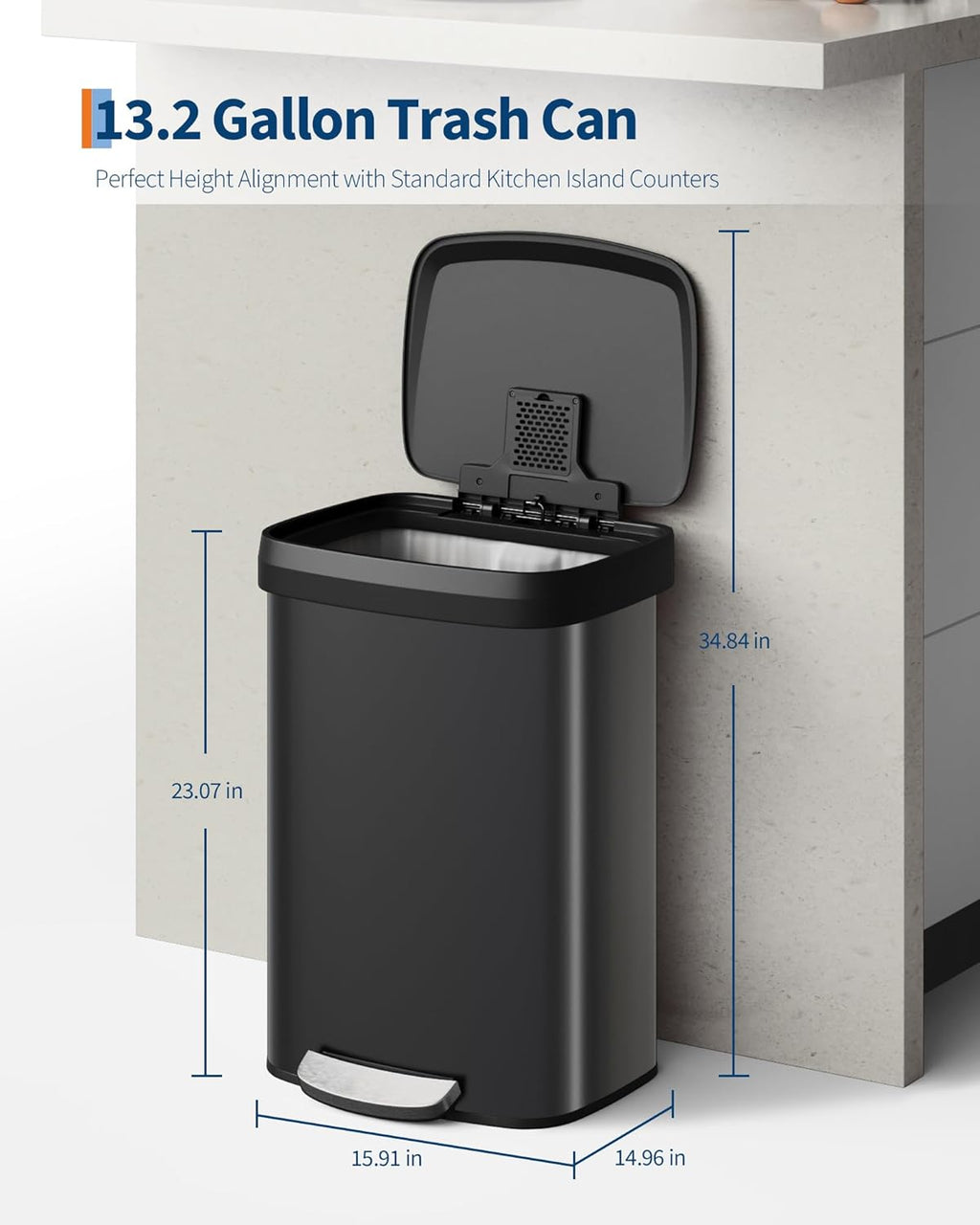 Garvee 13 Gallon / 50 Liter Metal Trash Can with Lid, Large Garbage Can for Kitchen, Rustproof Step-on Kitchen Metal Trash Bin with Liner Rim, Rear Handle, Soft Close Plastic Lid, Black