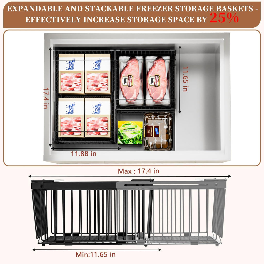Large Freezer Organizer Bins，Upgraded Bottom Leak-Proof net，Fit 10 to 20 Cu Ft Chest Freezer，2 Pack， Expandable Stackable Chest Freezer Containers with Handle(Black-2Pack)