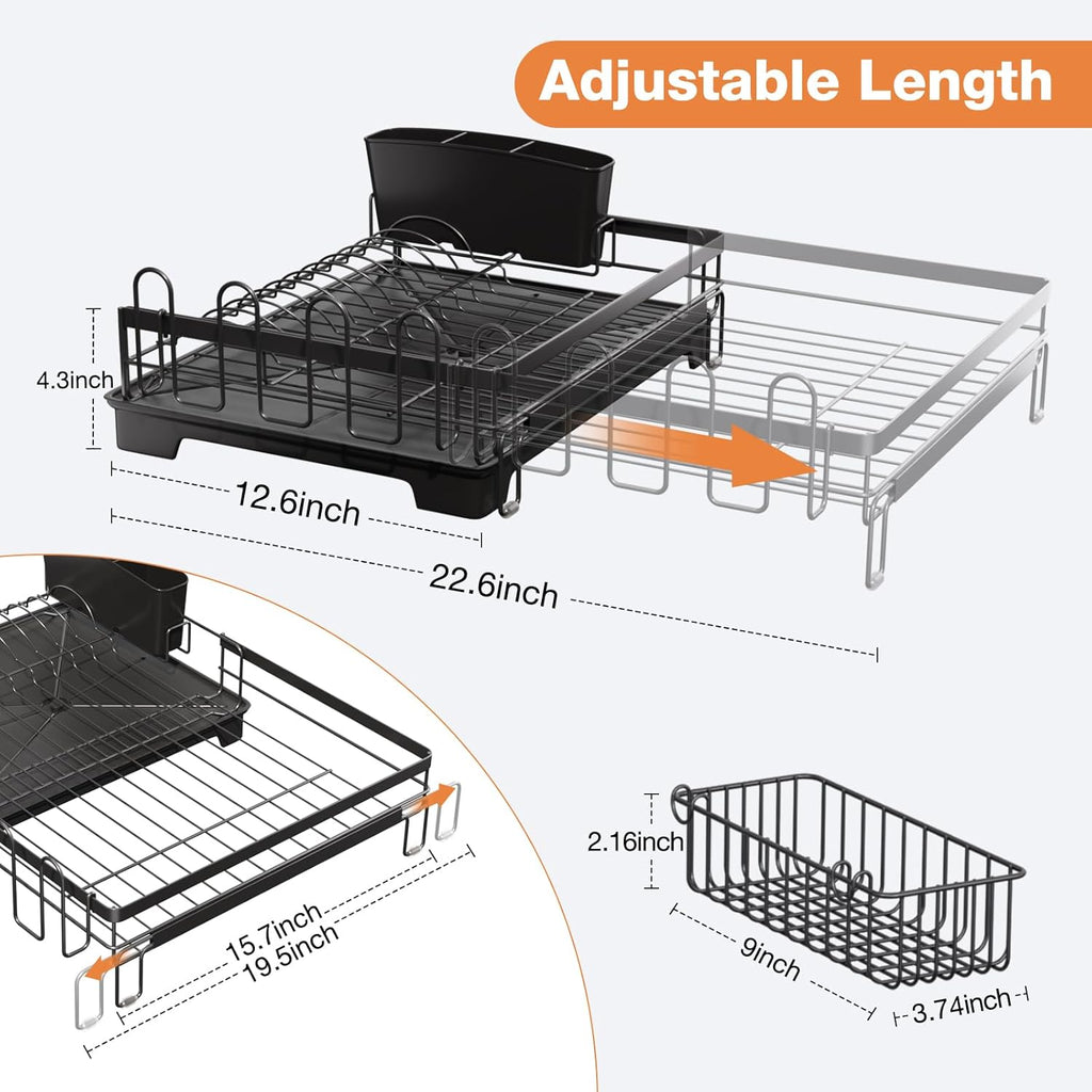 Dish Drying Rack,Extendable Dish Rack,Drying Rack with Automatic Drainboard，Dish Drainers for Kitchen Counter,Anti-Rust Dish Drainers with Cup Holders & Utensil,Black