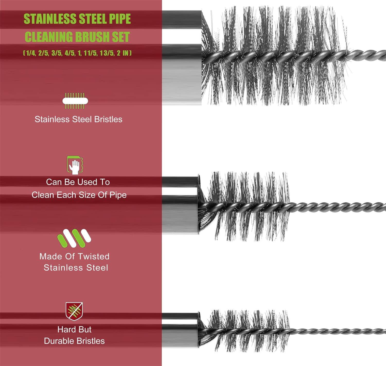 16 Inch Extra Long Pipe Cleaning Brush Set Stainless Steel Bristles, Stainless Steel Pipe Brush Steel Bottle Brush 8 Piece Variety Pack for Auto Parts, Bottles,Tubes, Etc.