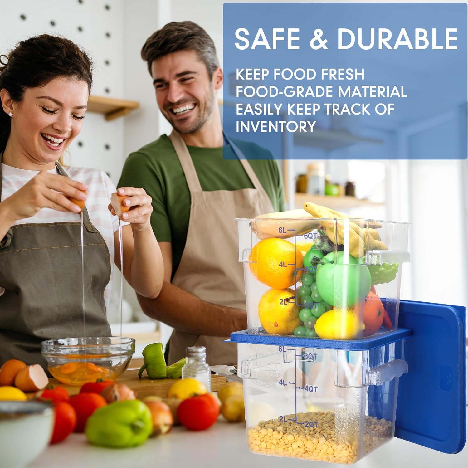 Lallisa 8 Pack 6 Qt Commercial Food Storage Containers with Lids Square Food Storage Container Clear Cereal Storage Containers for Kitchen Freezer Pantry Restaurant Flour Sugar(Blue Lids)