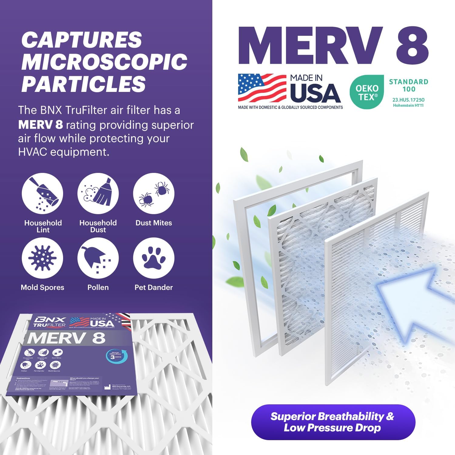 BNX TruFilter 18x24x1 Air Filter MERV 8 (6-Pack) - MADE IN USA – Dust & Pet Defense Electrostatic Pleated Air Conditioner HVAC AC Furnace Filters for Dust, Pet, Mold, Pollen MPR 600 – 700 & FPR 5