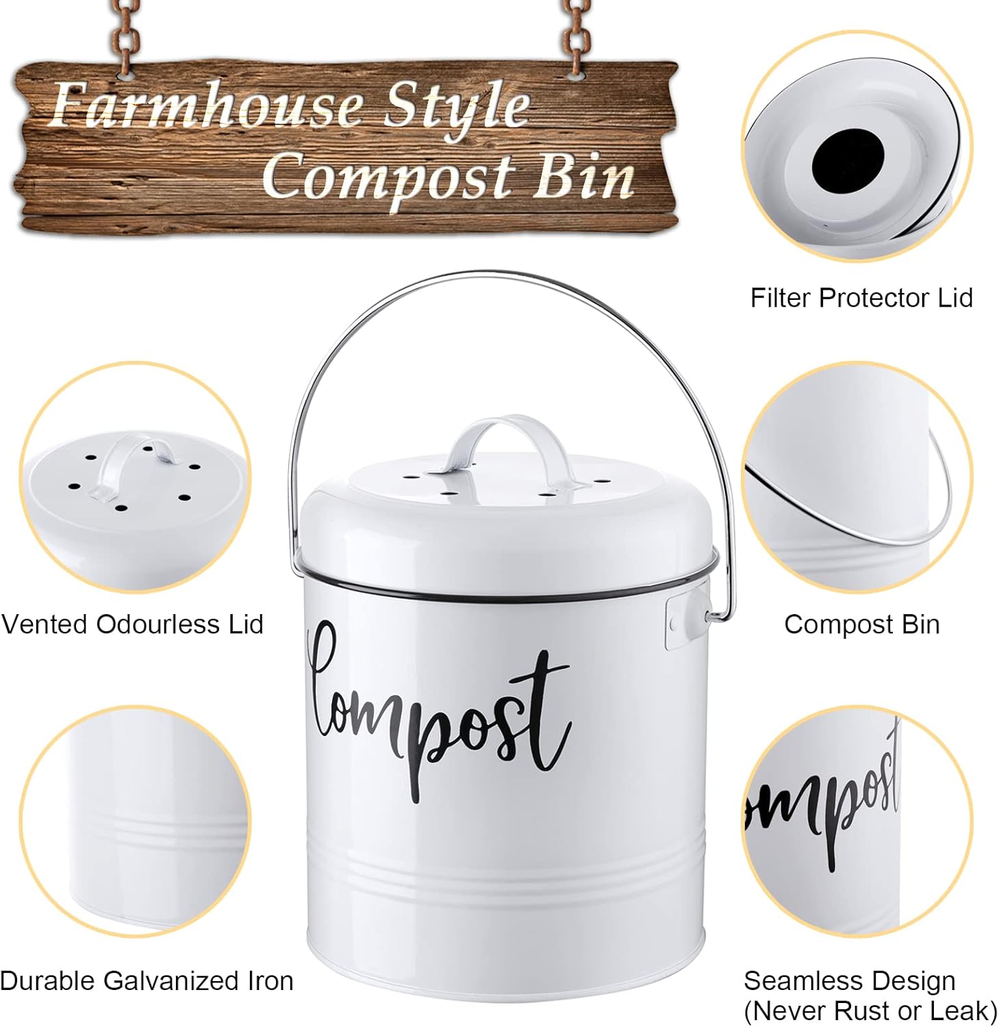 Compost Bin Kitchen, 1.3 Gallon Farmhouse Kitchen Compost Bin Countertop, Indoor Countertop Compost Bucket with Lid and Charcoal Filters, White