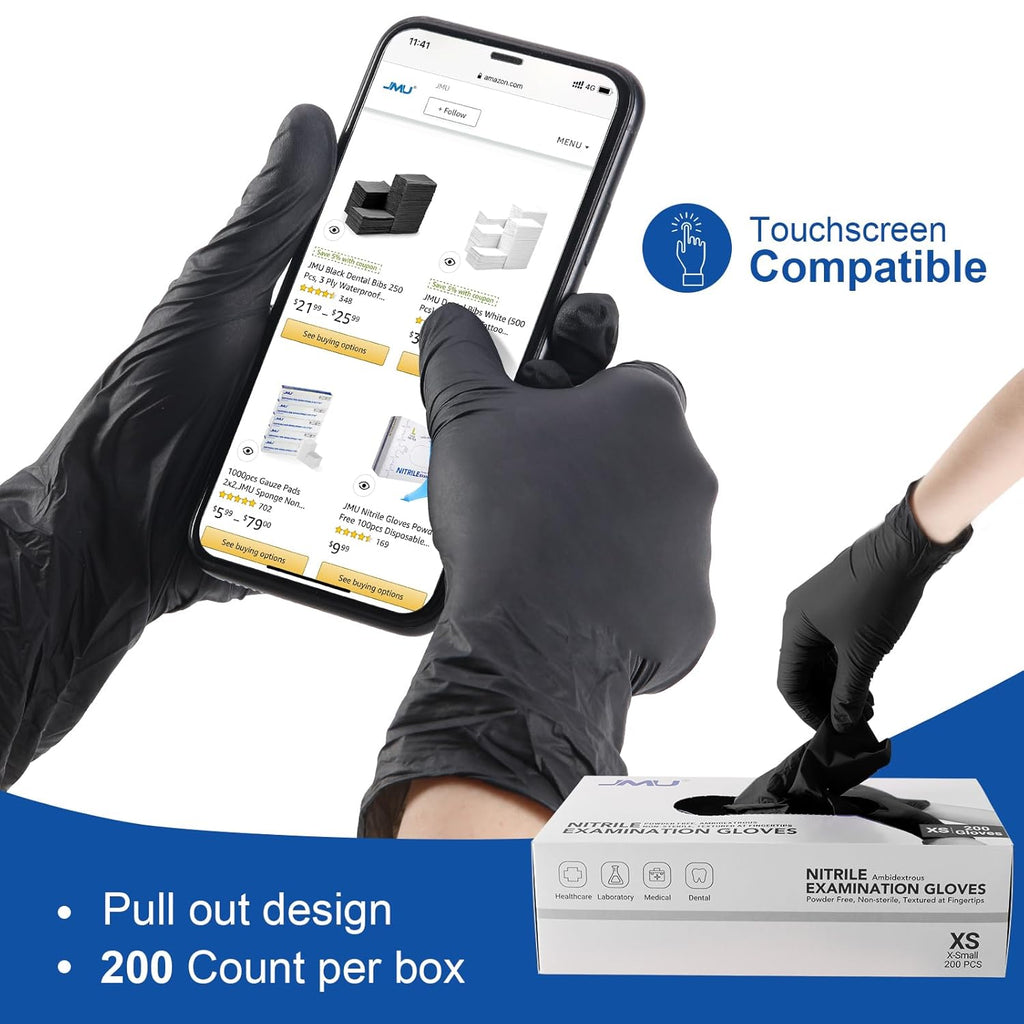 JMU Black Nitrile Gloves 200/Box, 3.5Mil Disposable Nitrile Exam Gloves, Latex Free Powder Free, Food Safe Gloves, XS