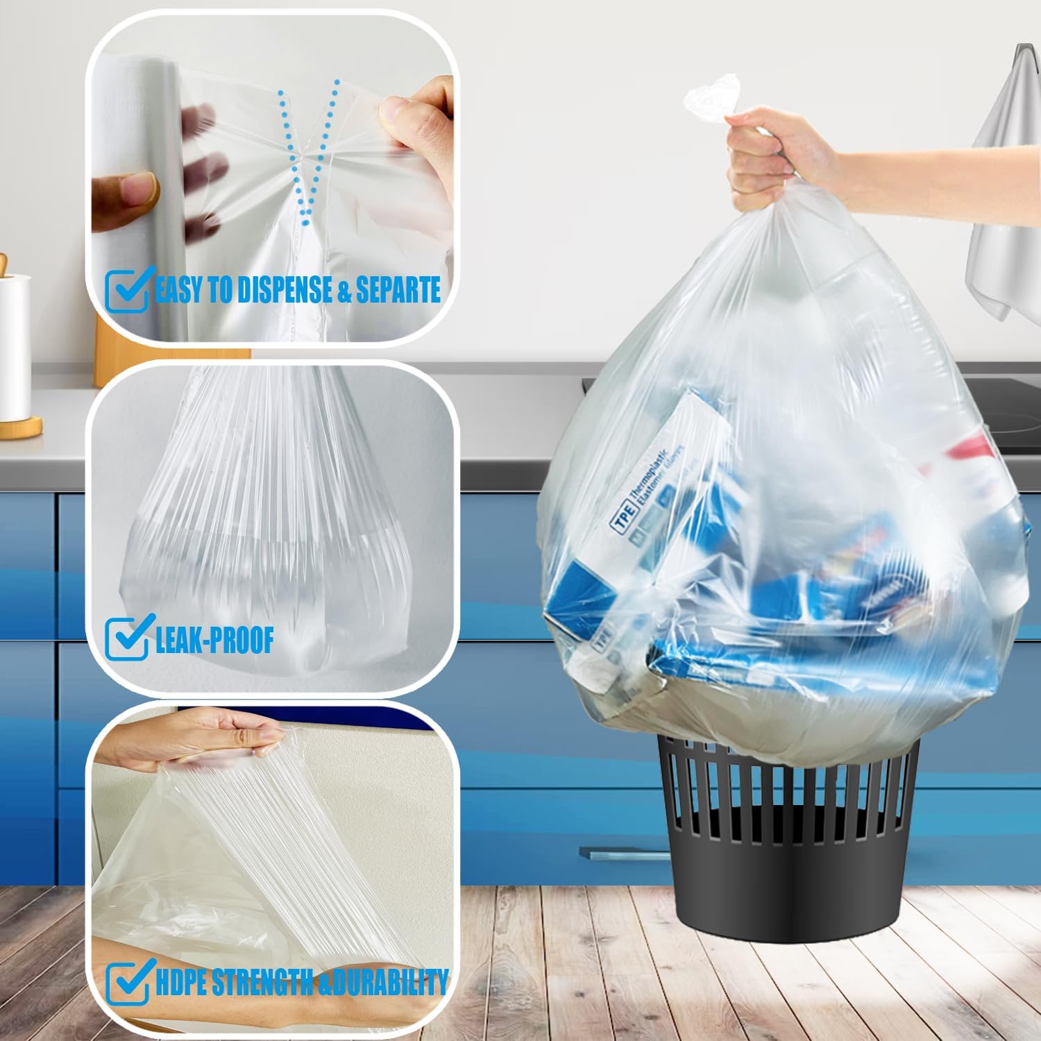4-6 Gallon Trash Bags, 1000 Count Bulk Value Pack, Clear Plastic Recycling Bags, Multi-purpose Garbage Bags for Business Home Bathroom Kitchen Commercial and Industrial