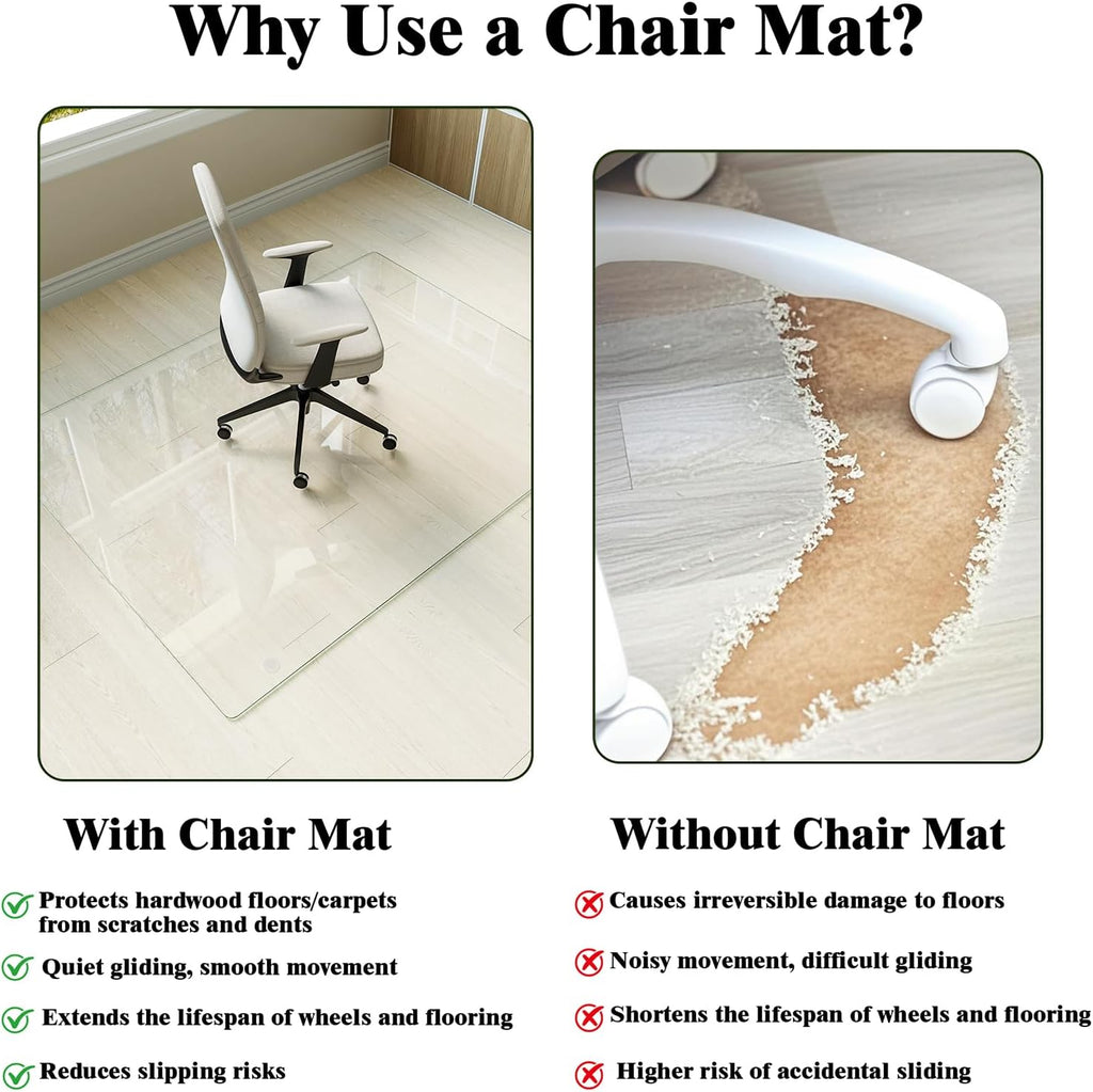 Koonmi Tempered Glass Chair Mat for Hardwood Floors & Carpets, 40" x 80“ Transparent Heavy Duty Office Floor Protector with Noise-Free Gliding Shatterproof for Home Office Desk