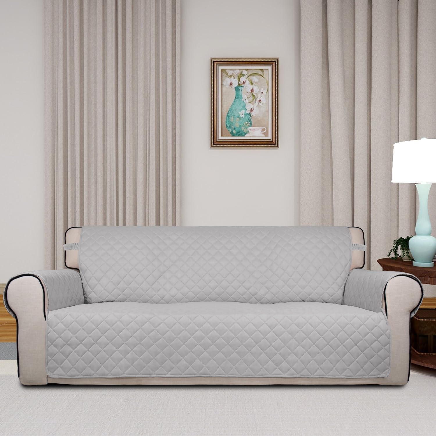 PureFit Reversible Quilted Sofa Cover, Water Resistant Slipcover Furniture Protector, Washable Couch Cover with Non Slip and Elastic Straps for Kids, Dogs, Pets (Sofa, Light Gray/Light Gray)