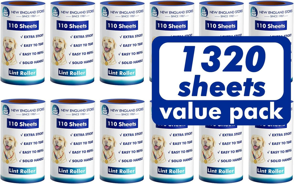 Lint Rollers for Pet Hair Extra Sticky, 1320 Sheets (12 Refills Mega Value Set), Portable Pet Lint Remover for Clothes, Furniture, Carpet, Dog & Cat Hair Removal