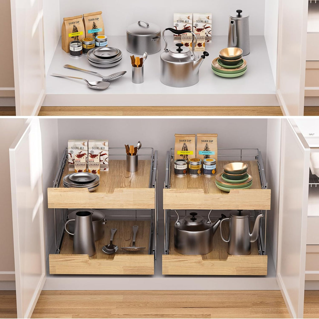 Pull Out Cabinet Organizer,Heavy-Duty Slide Out Shelf, Wood and Wire Basket, Pull Out Drawer for for Kitchen Under Sink Space, Pantry, Bathroom, 2 Tie 17 * 21 in