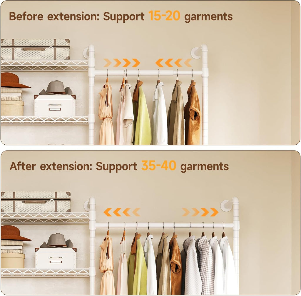 ONBRILL H3 Wall Mounted Closet System, Expandable Industrial Pipe Clothes Rack Clothing Rack for Hanging Clothes, Heavy Duty Closet Organizers and Storage in Wardrobe Closet, White